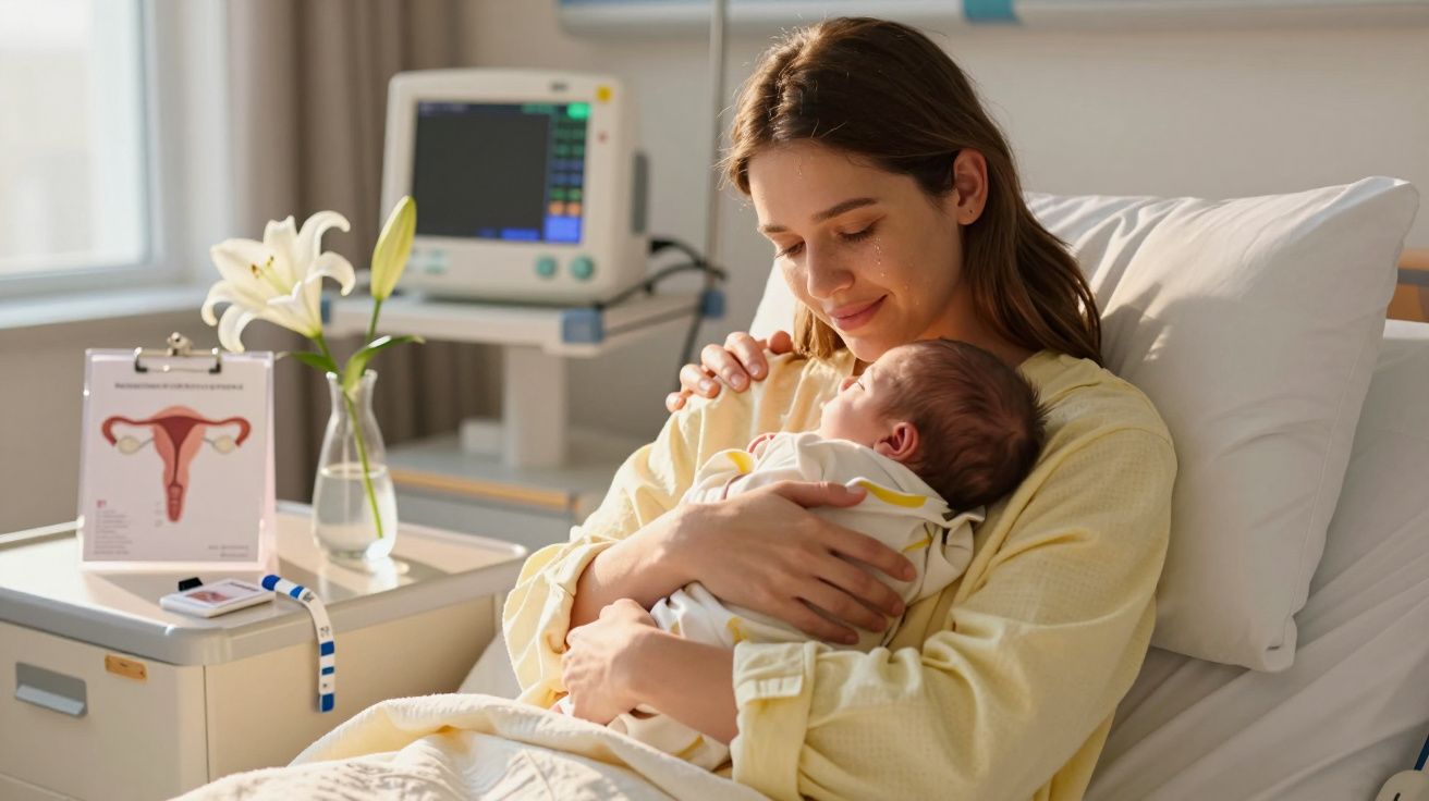 Mulher sentada na cama de hospital a segurar cuidadosamente um bebé recém-nascido nos braços.