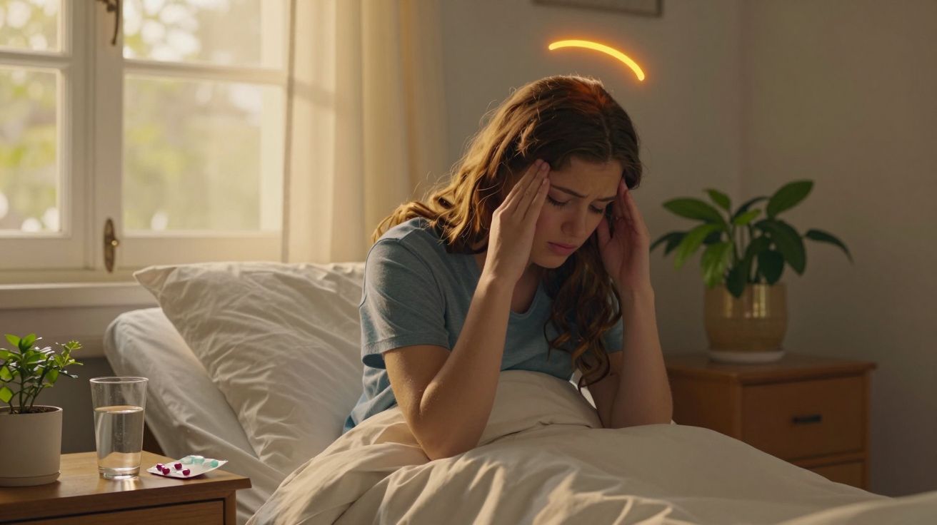 Mulher sentada na cama com expressão de dor de cabeça, mãos na cabeça, comprimidos e copo de água na mesa.