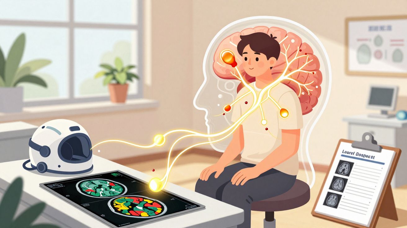 Homem sentado em consultório médico com neuroimagem e conexões elétricas entre cérebro e ecrã digital.