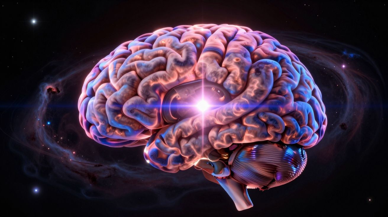 Imagem digital de um cérebro humano iluminado brilhantemente no centro contra um fundo espacial escuro.