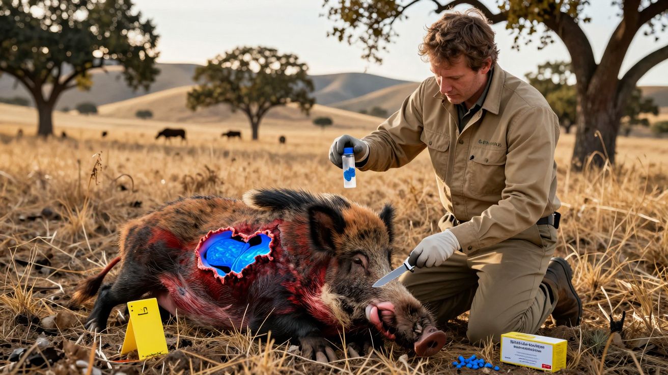 Investigador analisa javali morto no campo, com ferida visível e material de coleta para exame.