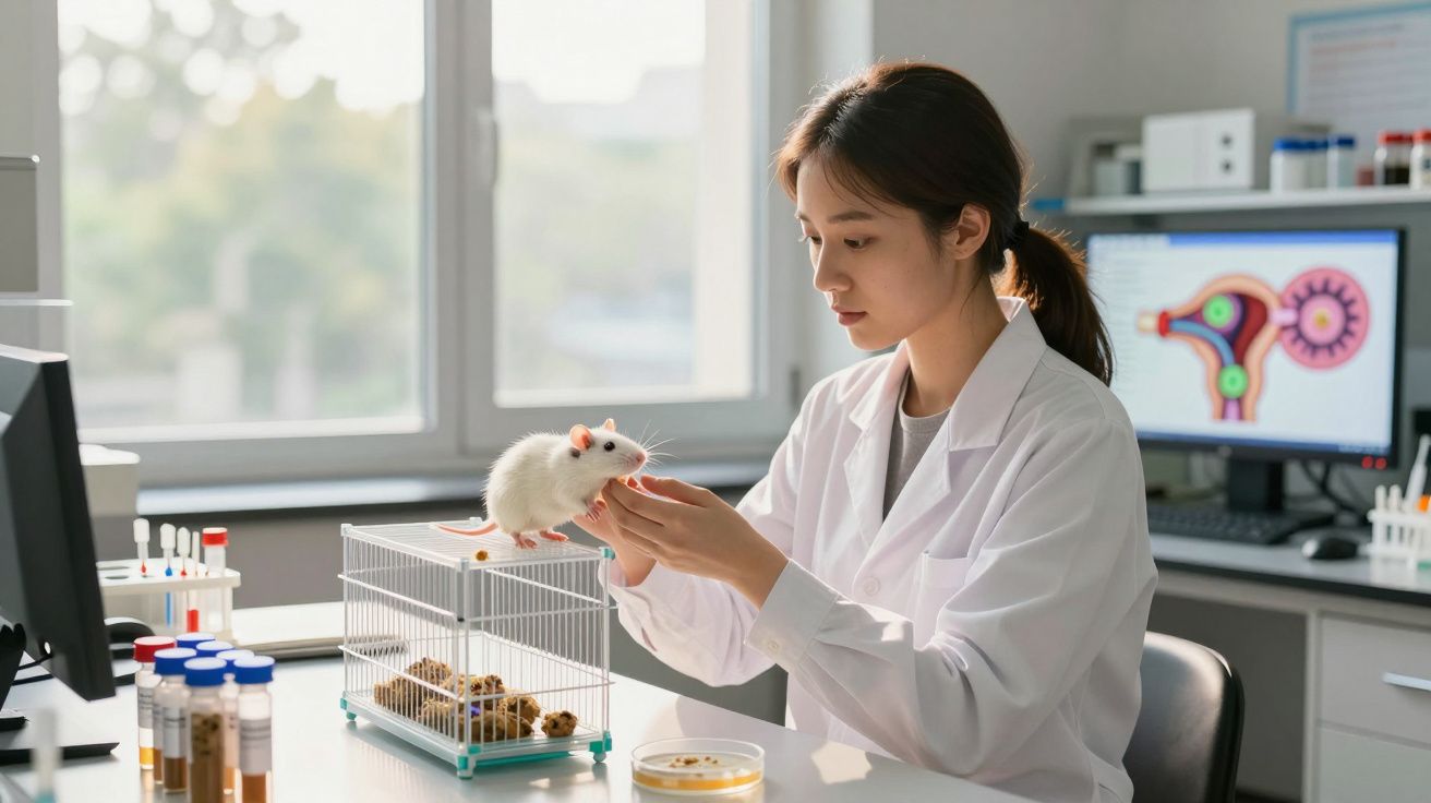 Investigadora em laboratório a alimentar rato branco junto a gaiola, com monitor a mostrar imagem médica ao fundo.