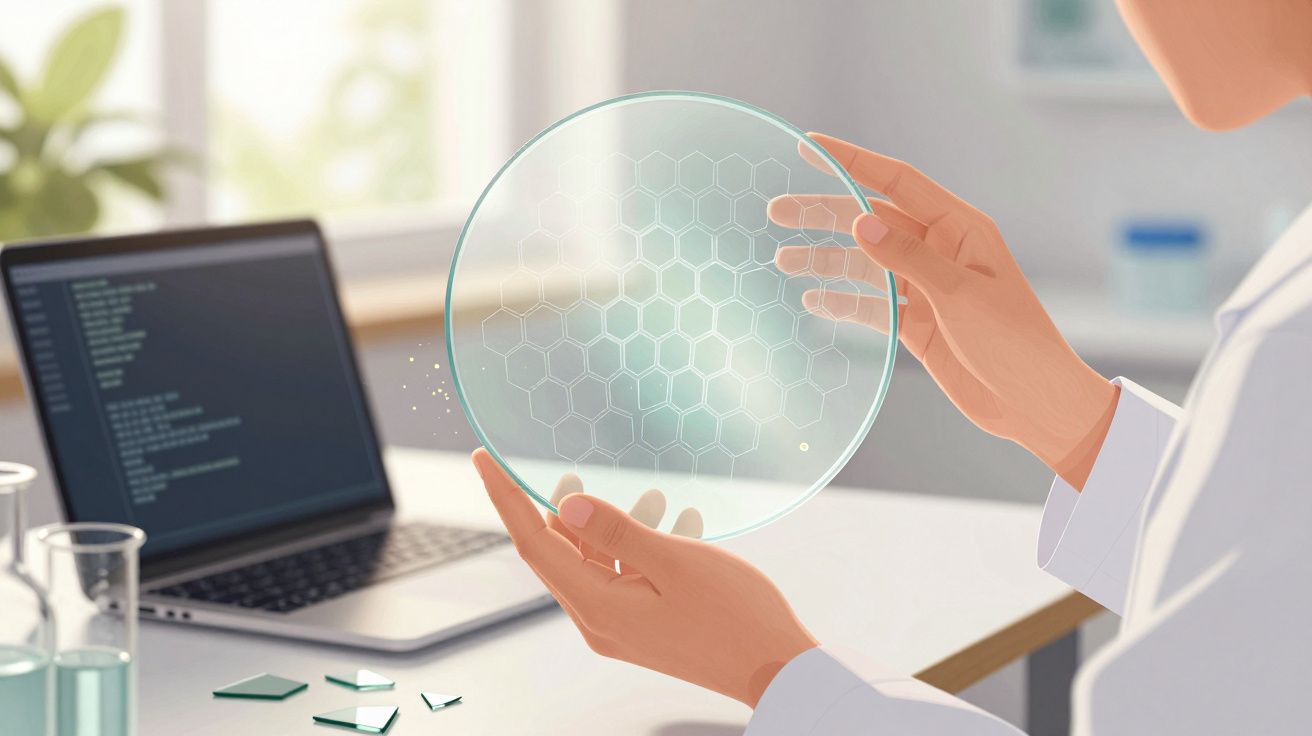 Pessoa com bata branca segurando um disco transparente com padrão hexagonal numa mesa de laboratório.