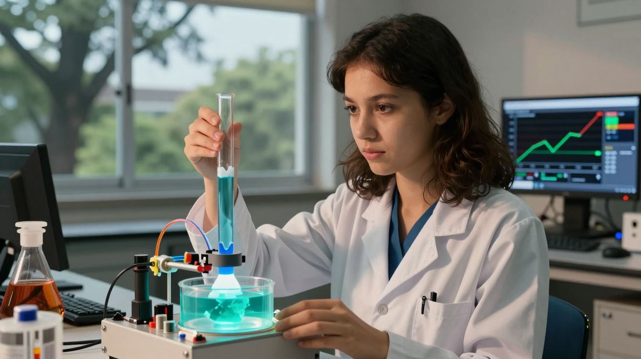 Mulher jovem em bata branca a realizar experiência científica com tubos de ensaio num laboratório moderno.
