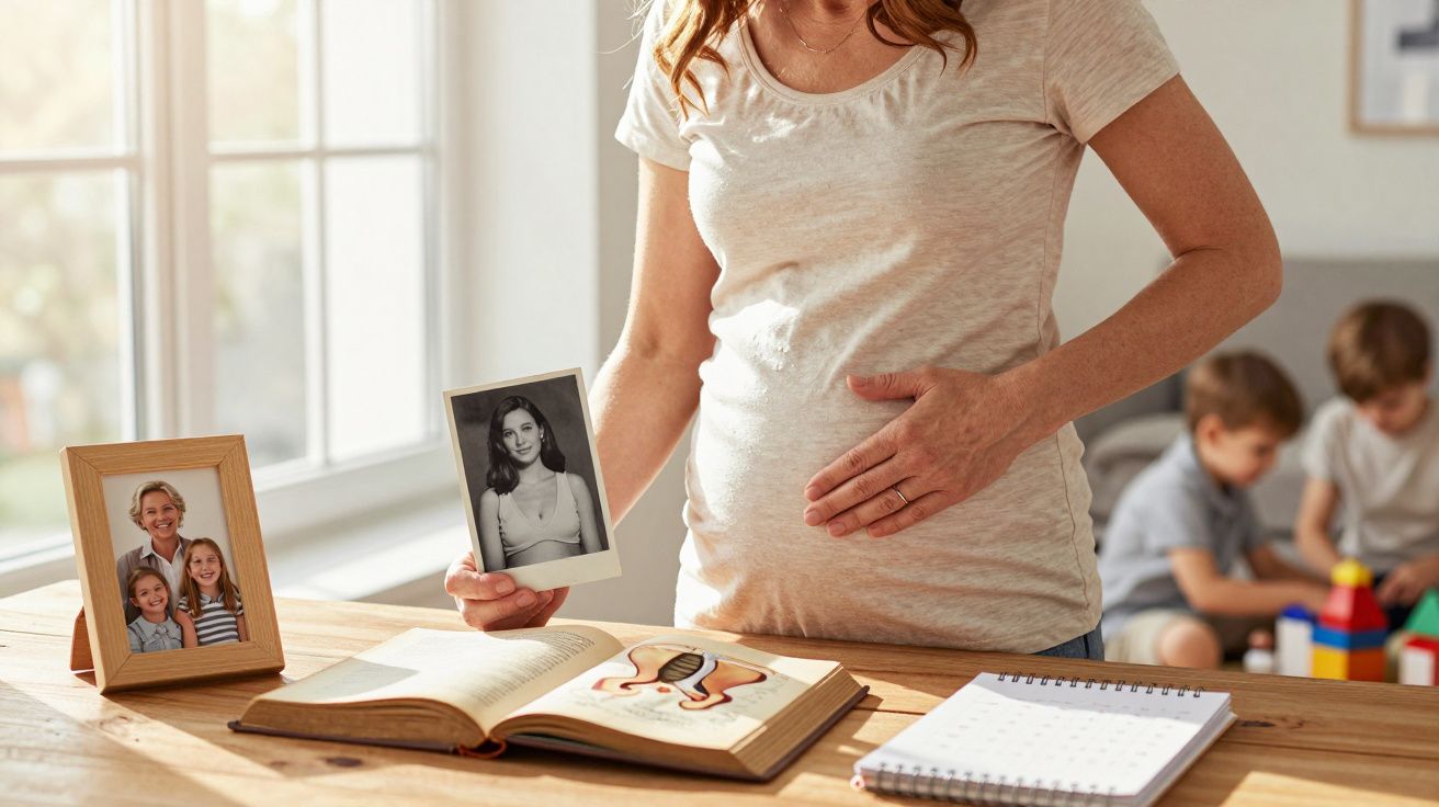 Mulher grávida segura foto antiga ao lado de fotos de família e livro aberto numa mesa com crianças ao fundo.