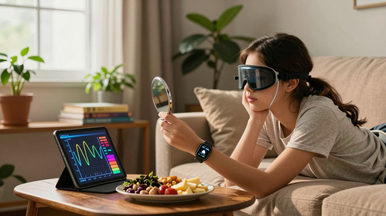 Criança com óculos de realidade virtual deitada no sofá, segurando um espelho e ao lado de tablete e prato de frutas.