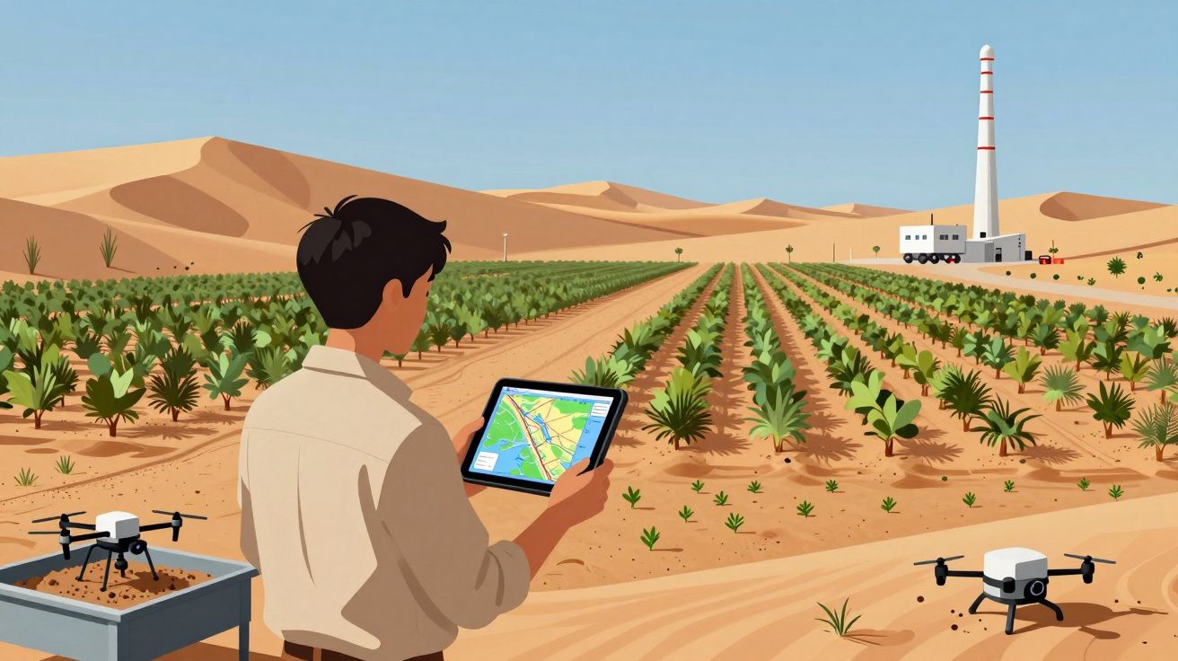 Agricultor no deserto usa tablet e drones para monitorizar cultura agrícola diante de uma instalação industrial.