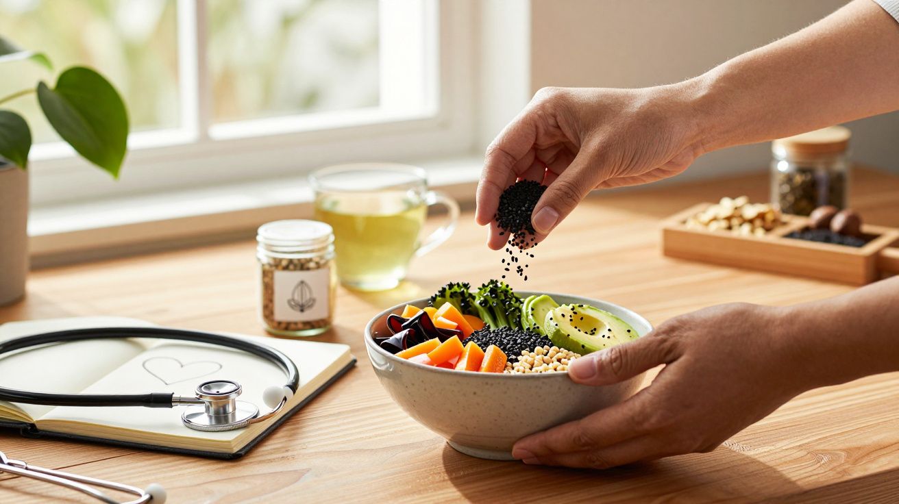 Mãos a polvilhar sementes pretas numa taça com legumes e abacate numa mesa com estetoscópio e chá.