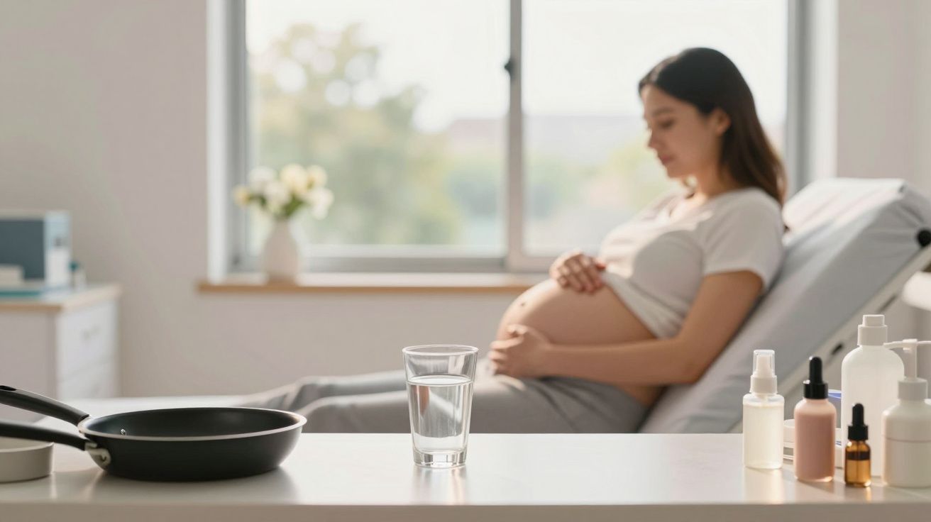 Mulher grávida sentada numa cama, com um copo de água e frascos sobre uma mesa em primeiro plano.