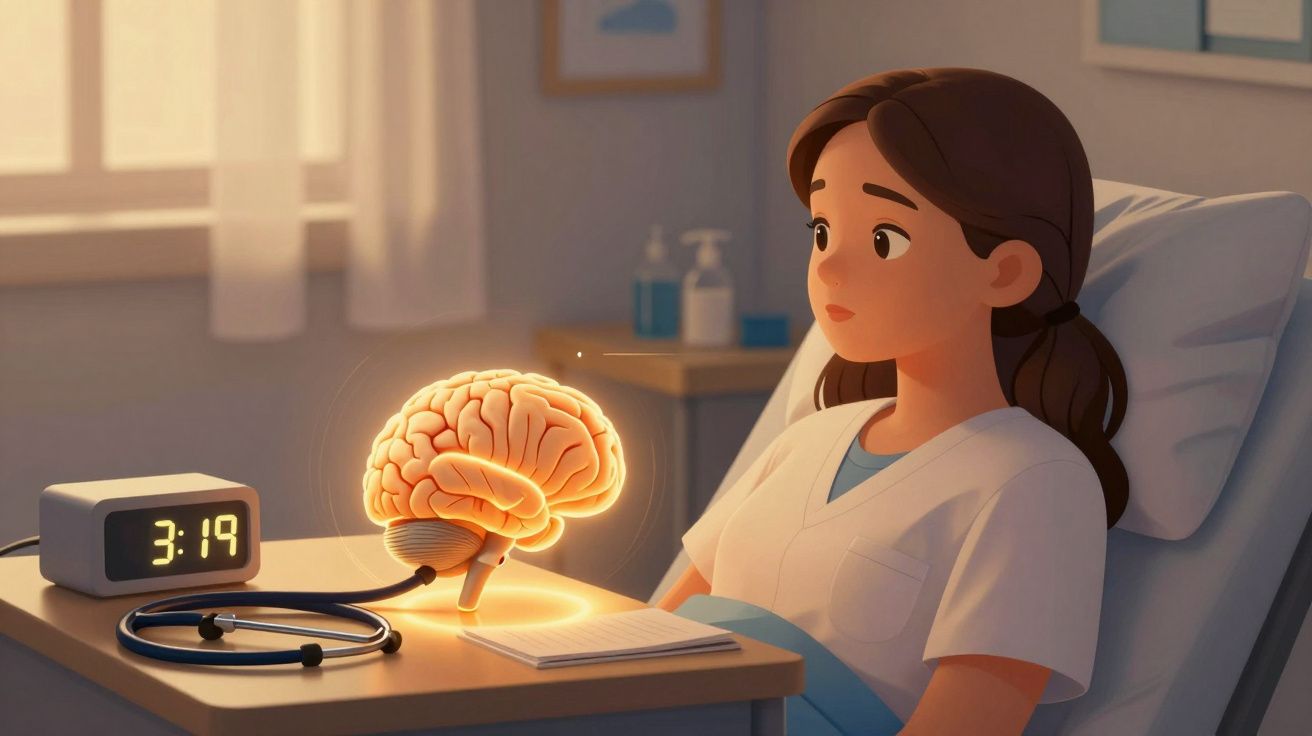 Paciente deitada numa cama de hospital a observar um cérebro iluminado flutuante numa mesa ao lado.