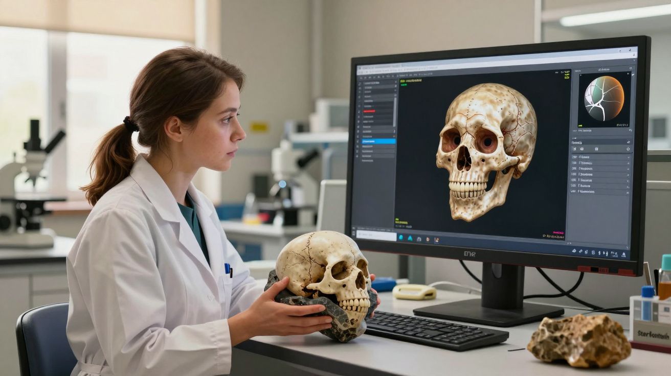 Mulher cientista examina crânio humano e visualização 3D da estrutura óssea num computador.