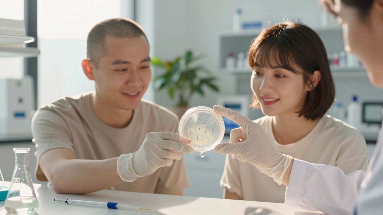 Estudantes e professor analisam placa de cultura em laboratório científico com ambiente iluminado e sorridente.