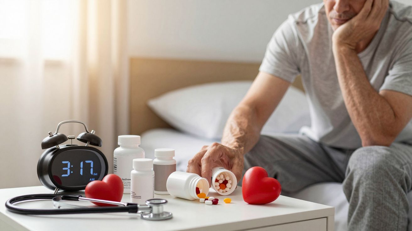 Homem sentado na cama com medicamentos, estetoscópio, relógio e corações vermelhos numa mesa ao lado.