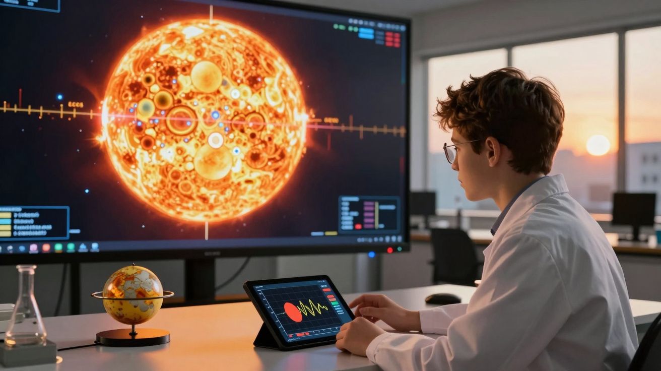 Cientista jovem em laboratório observa análises solares numa grande tela e usa tablet com dados científicos.
