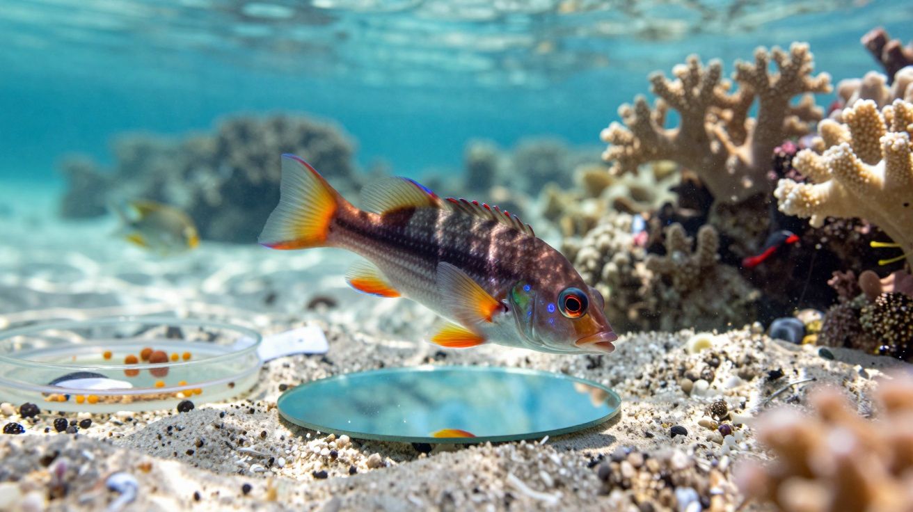 Peixe colorido nadando próximo ao fundo do mar com corais e um espelho redondo na areia.