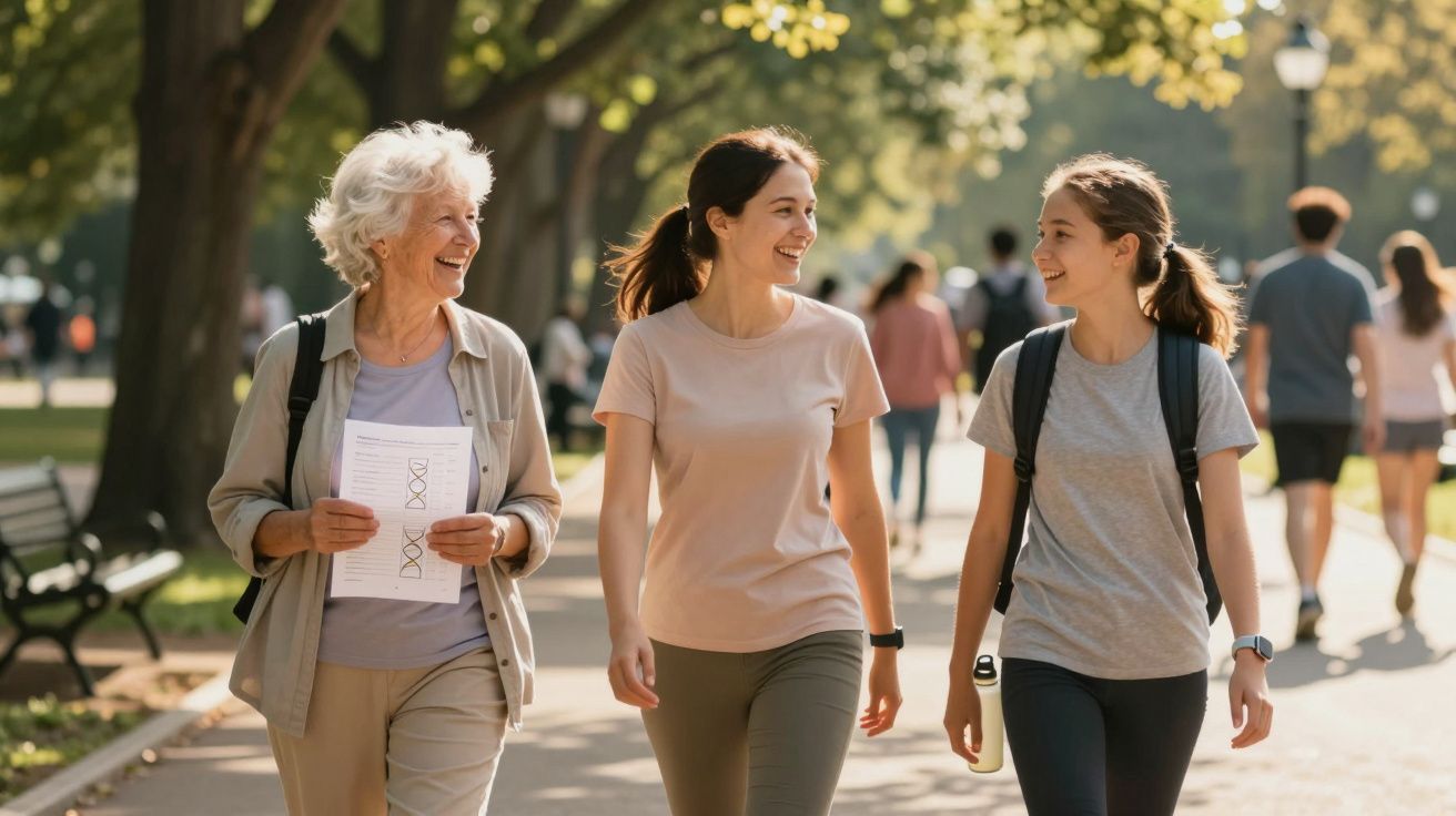 Três mulheres de idades diferentes conversam e sorriem enquanto caminham num parque ensolarado.
