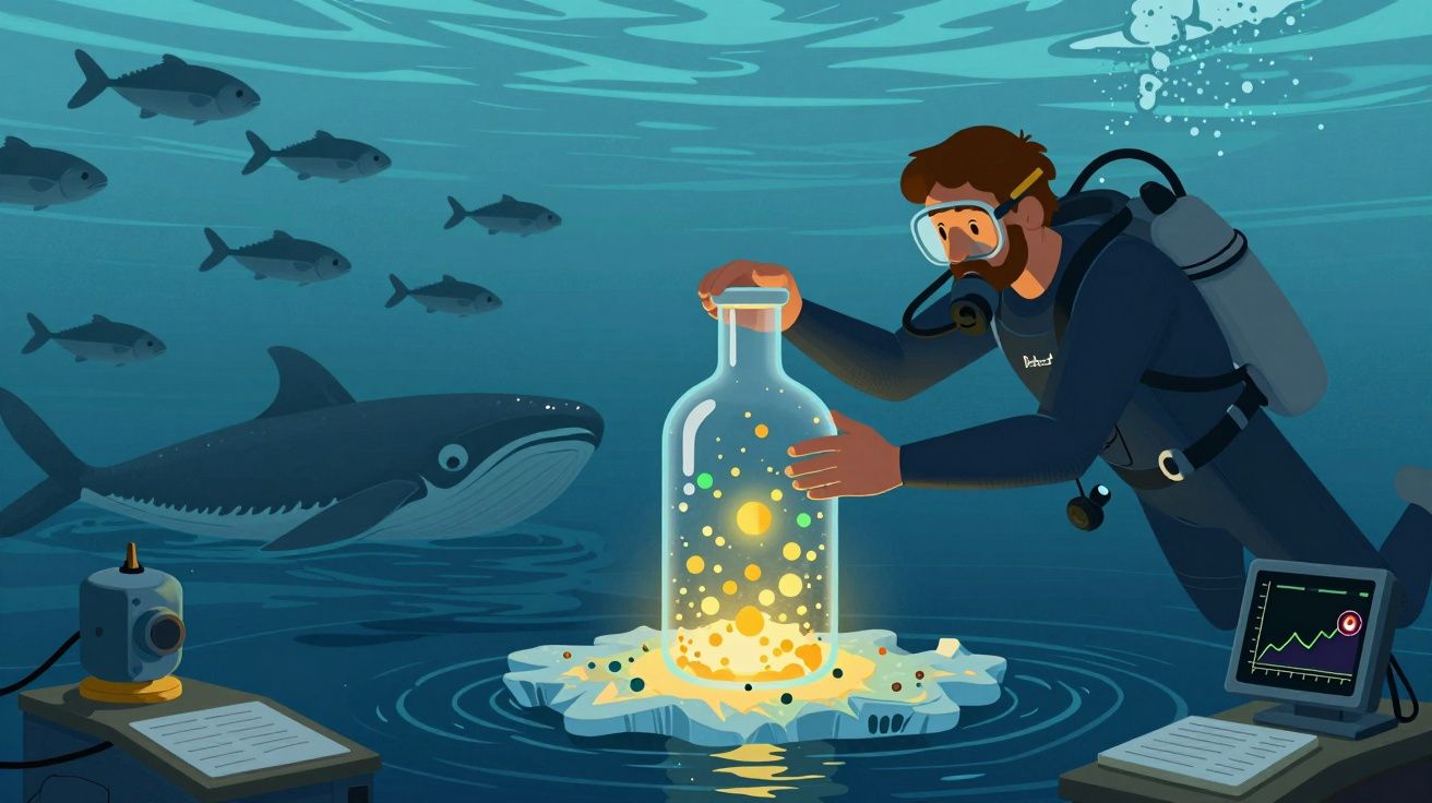 Mergulhador recolhe garrafa com luz vibrante no mar, rodeado de peixes e tubarão, com equipamento científico à volta.