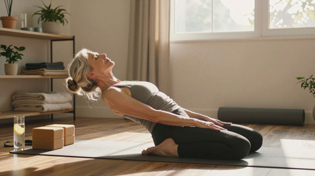 Mulher madura a praticar ioga em cima de tapete num ambiente luminoso e tranquilo em casa.