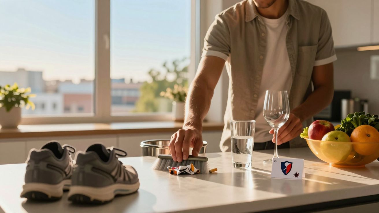 Pessoa a limpar migalhas e cinzeiro numa cozinha luminosa com frutas, copos e ténis sobre a bancada.