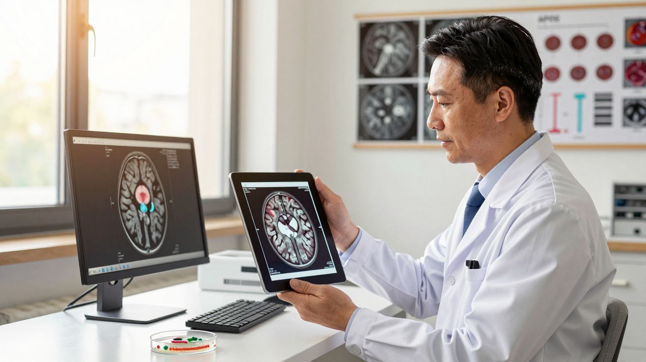 Médico analisa imagens cerebrais em monitor e tablet num consultório iluminado por janela.