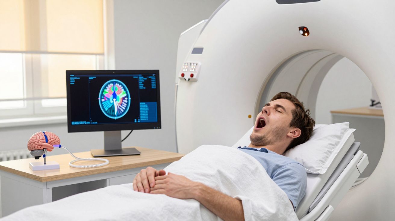 Homem deitado a bocejar numa cama de exame à frente de um aparelho de ressonância magnética e ecrã com imagem do cérebro.
