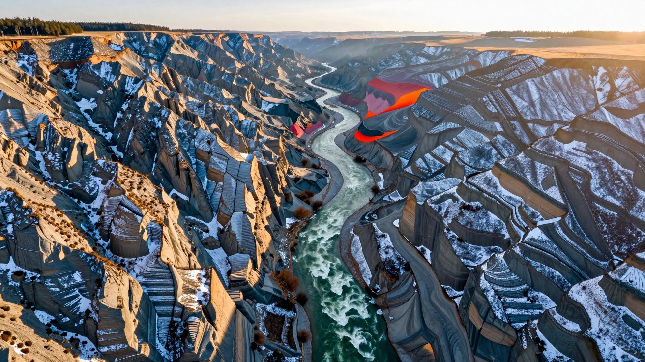 Vista aérea de rio serpenteante entre montanhas rochosas com neve e luz solar ao pôr do sol.