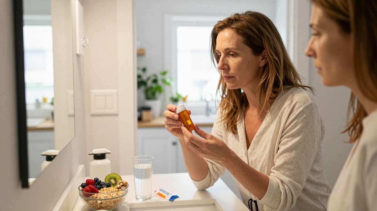 Mulher a ler o rótulo de um frasco de medicamento num quarto iluminado durante a manhã.