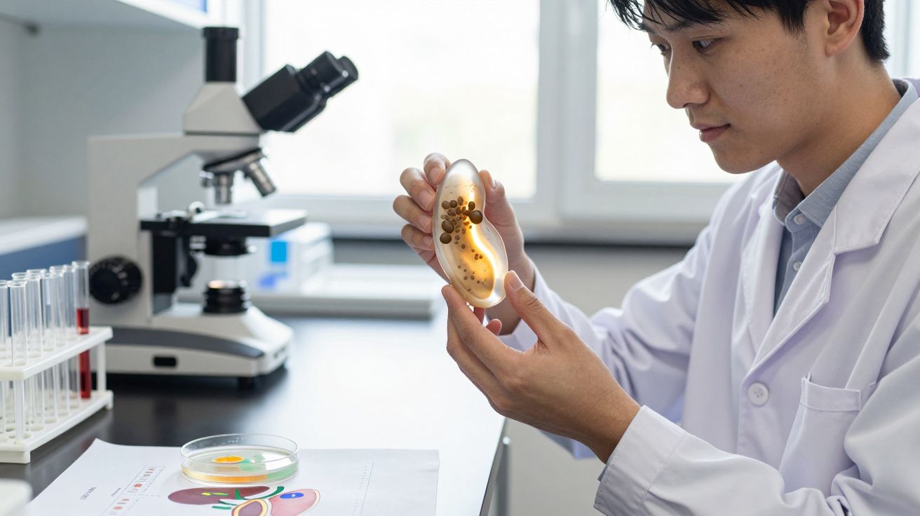 Cientista em laboratório observa cultura microbiana numa placa de Petri com microscópio e tubos de ensaio ao fundo.