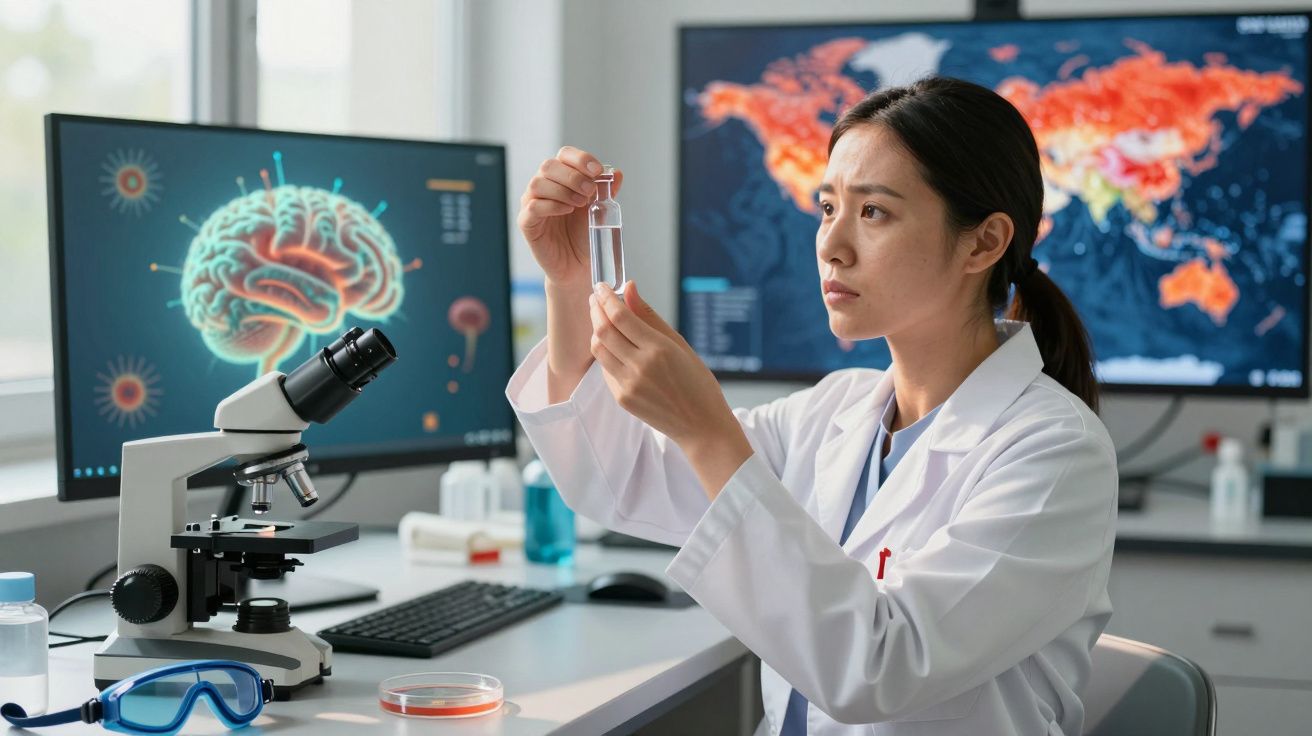 Cientista a analisar amostra líquida em laboratório com microscópio e ecrãs de cerveau e mapa mundial ao fundo.