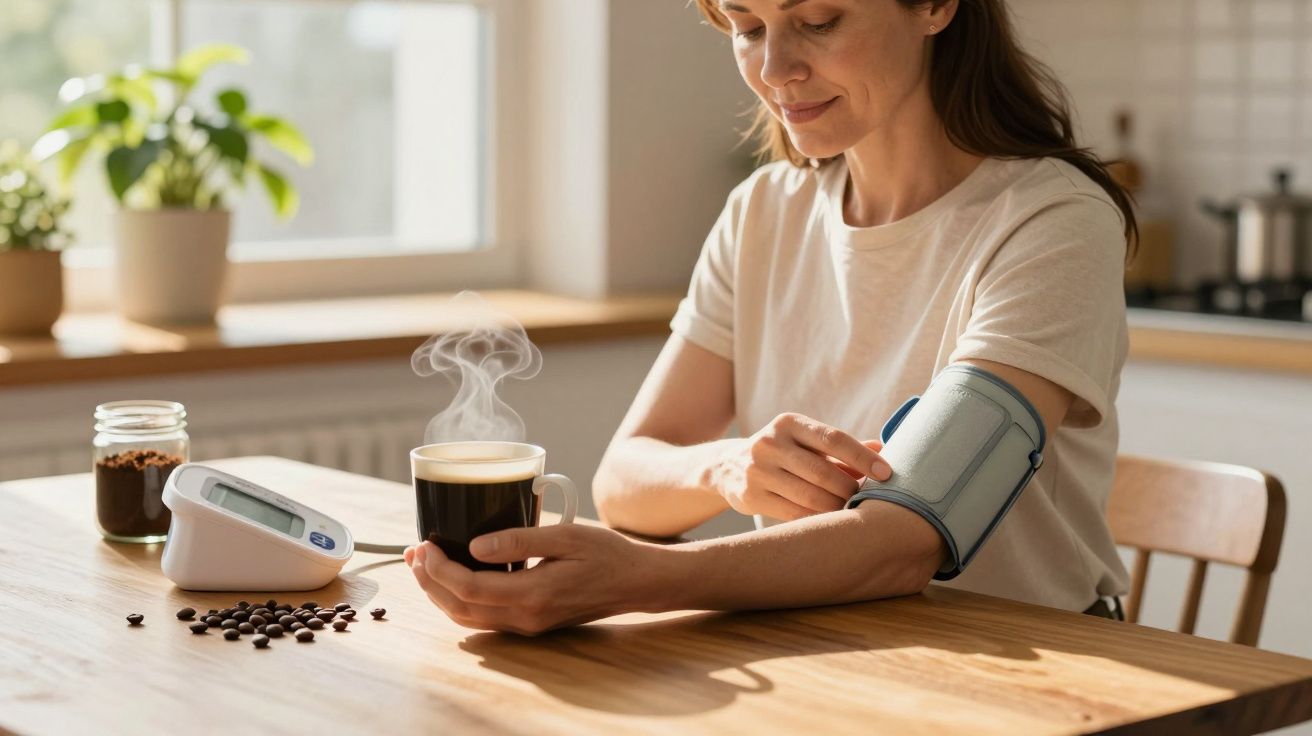 Mulher a medir a tensão arterial com esfigmomanómetro enquanto segura uma chávena de café quente numa cozinha.