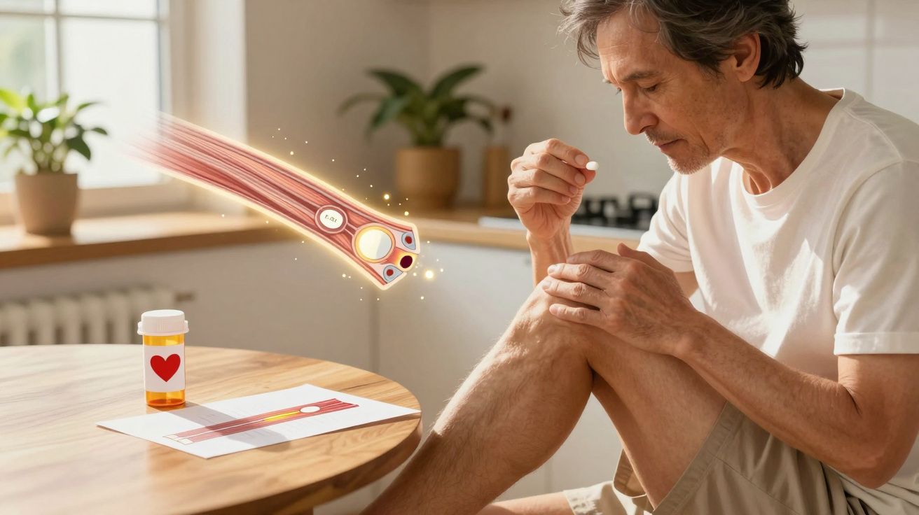 Homem a tomar pílula para dor no joelho com ilustração do efeito do medicamento nos músculos e articulações.