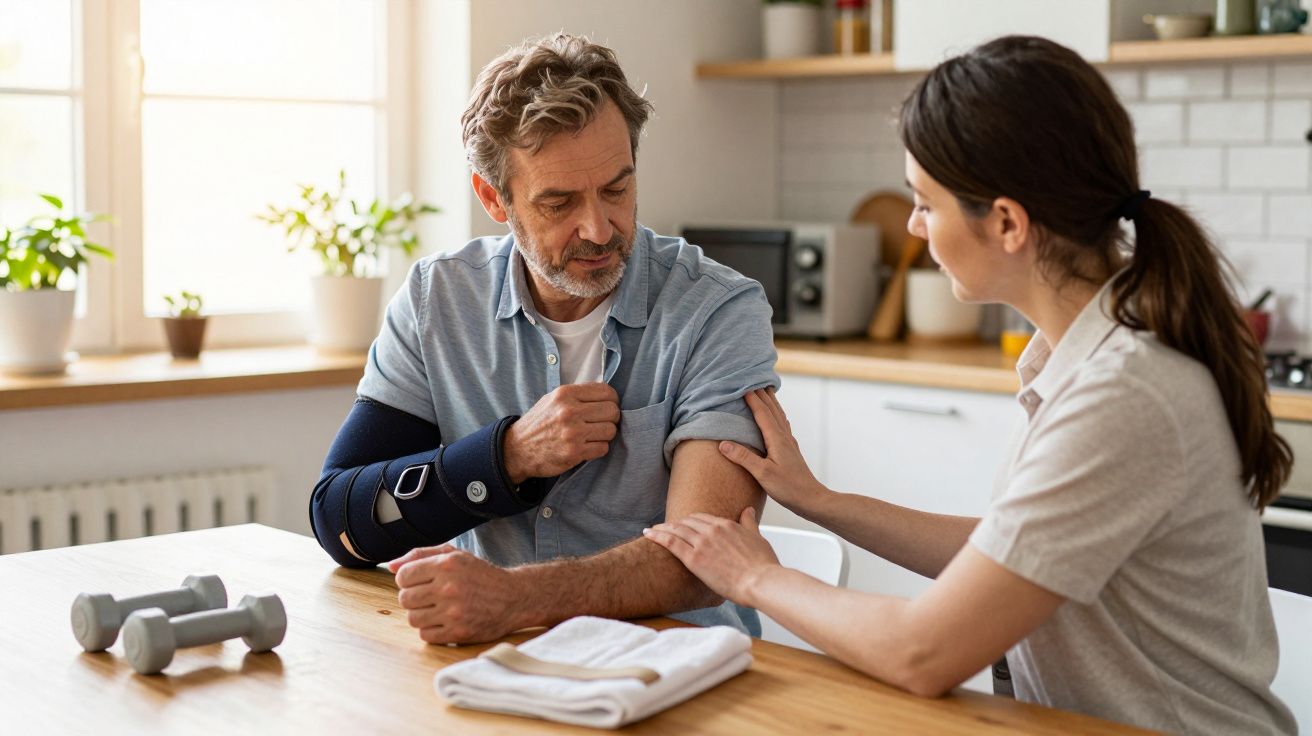 Homem com imobilizador no braço recebe cuidado e apoio de mulher sentada numa cozinha luminosa.
