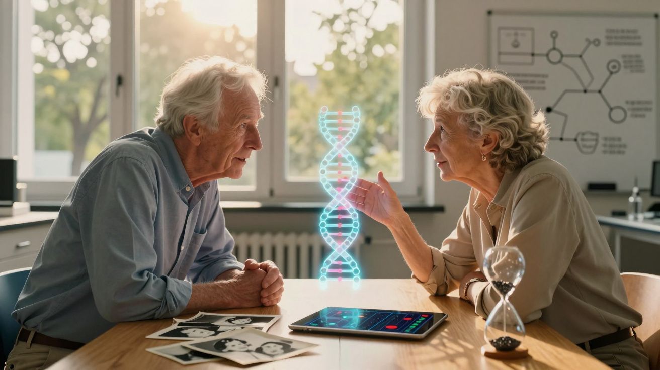 Casal idoso discute genética com imagem holográfica de DNA a flutuar sobre uma mesa com fotografias e tablet.