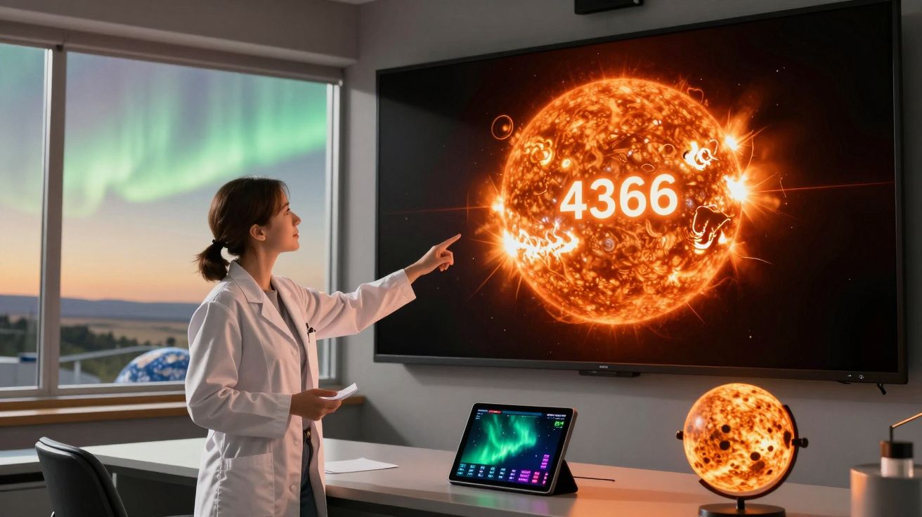 Mulher cientista em laboratório a apontar para imagem digital de uma estrela com número 4366 numa tela.