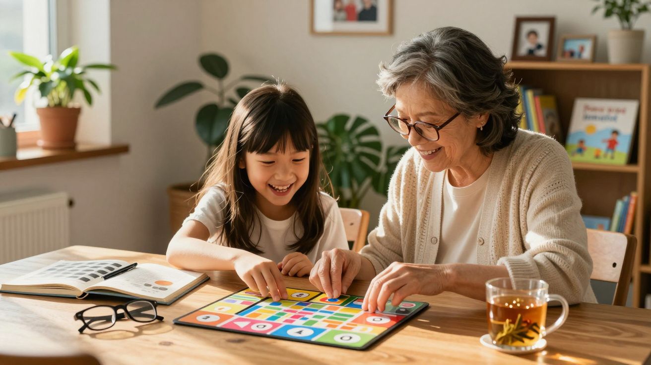 Avó e neta a jogar um jogo de tabuleiro colorido numa mesa de madeira numa sala iluminada.