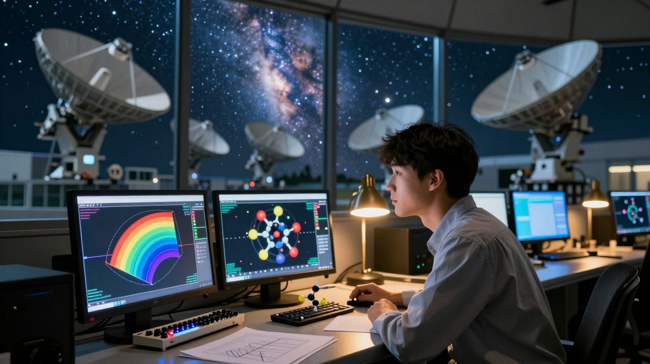 Jovem cientista a analisar gráficos de moléculas em computadores numa sala com antenas parabólicas e céu estrelado.
