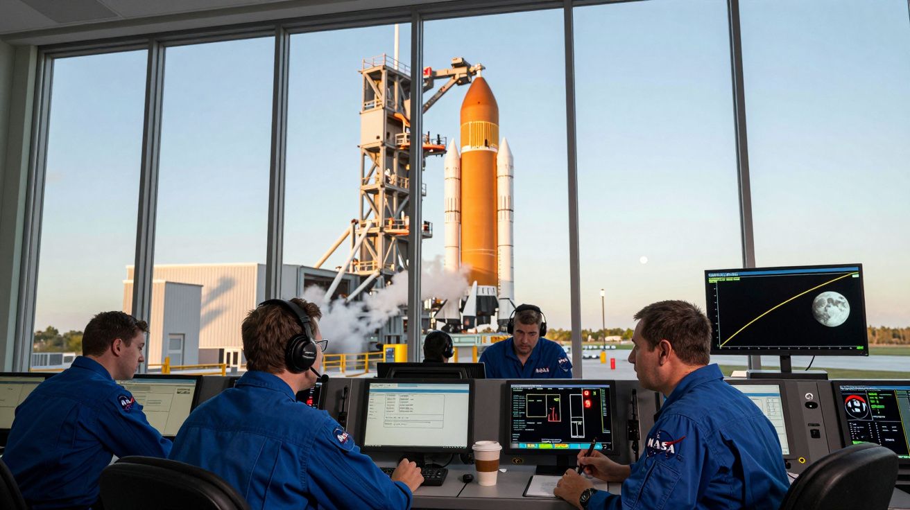 Equipa da NASA em centro de controlo observa foguetão na plataforma de lançamento ao amanhecer.