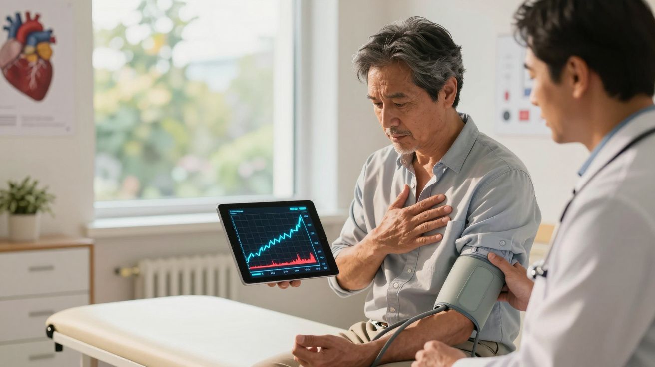 Paciente a medir a tensão arterial com ajuda de médico, com gráfico a mostrar dados na tablet.
