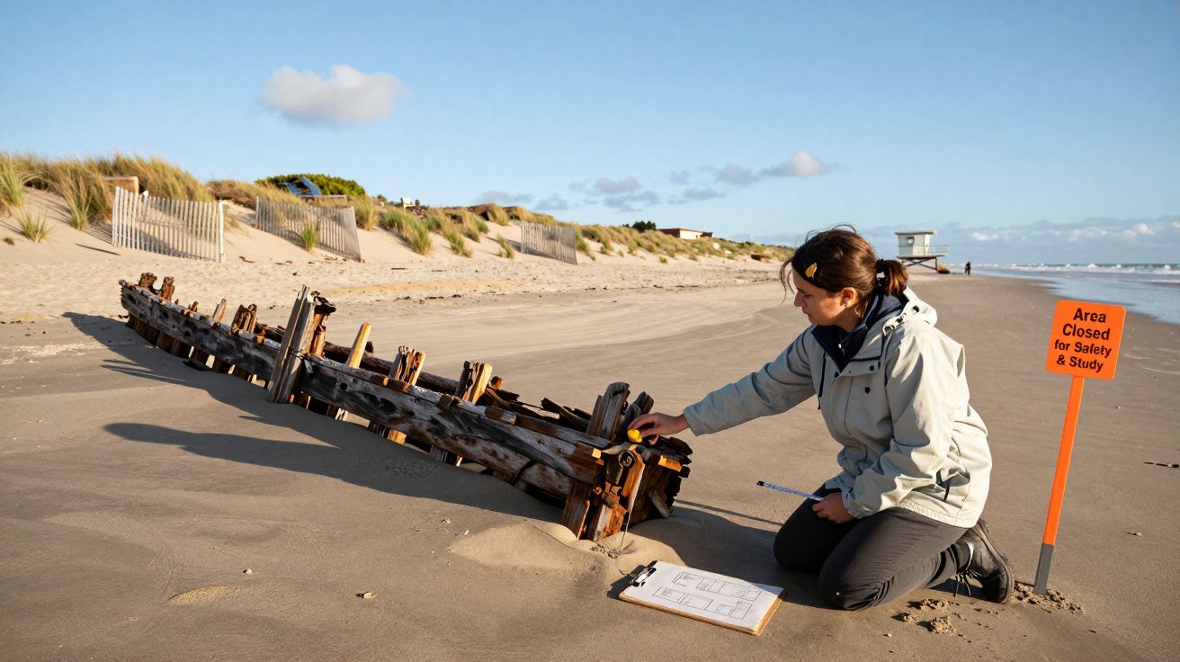 Mulher a examinar estrutura de madeira enferrujada numa praia com placa de área fechada para segurança e estudo.