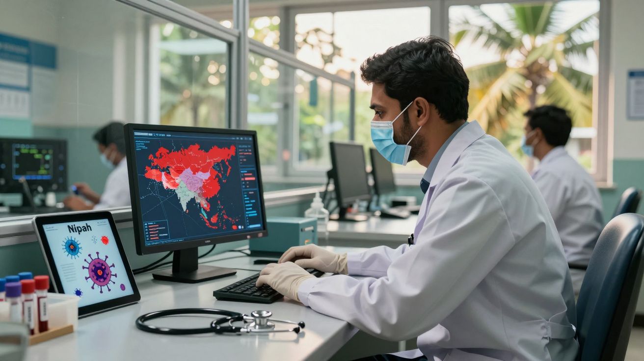 Homem de máscara e luvas analisa mapas e dados de vírus em monitores num laboratório.