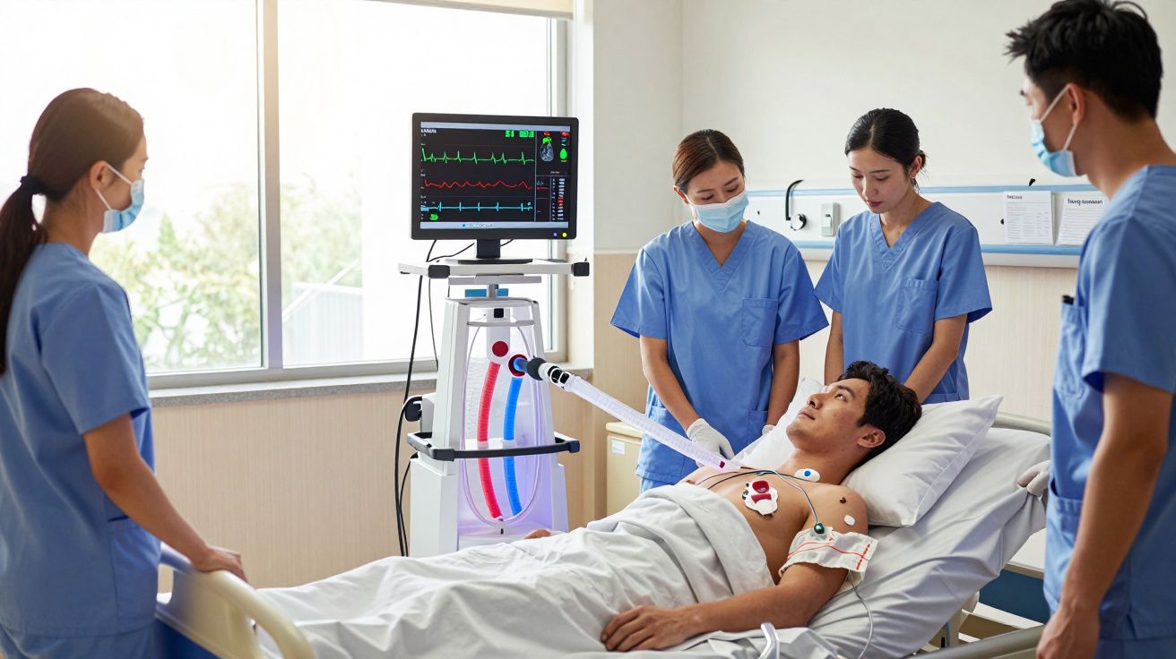 Paciente em cama hospitalar com monitor cardíaco, assistido por quatro profissionais de saúde com máscaras.