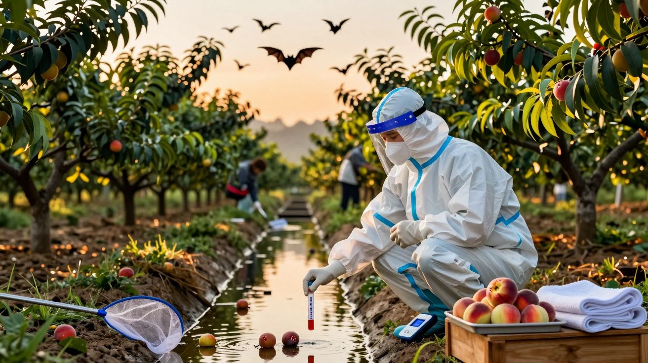 Pessoa de fato de proteção recolhe amostra de água num pomar com morcegos a voar ao pôr do sol.