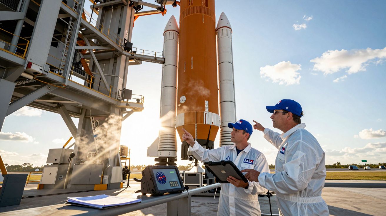 Técnicos da NASA em fato branco verificam foguetão laranja antes do lançamento ao pôr do sol.