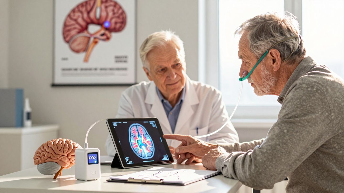 Idoso com oxímetro no nariz consulta neurologista sobre exame cerebral num tablet digital.