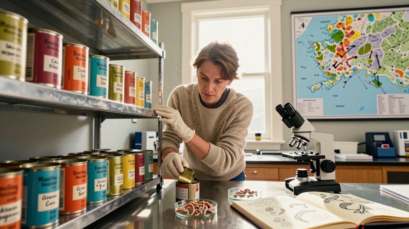 Pessoa com luvas brancas a abrir lata de comida enlatada num laboratório com microscópio e mapas.