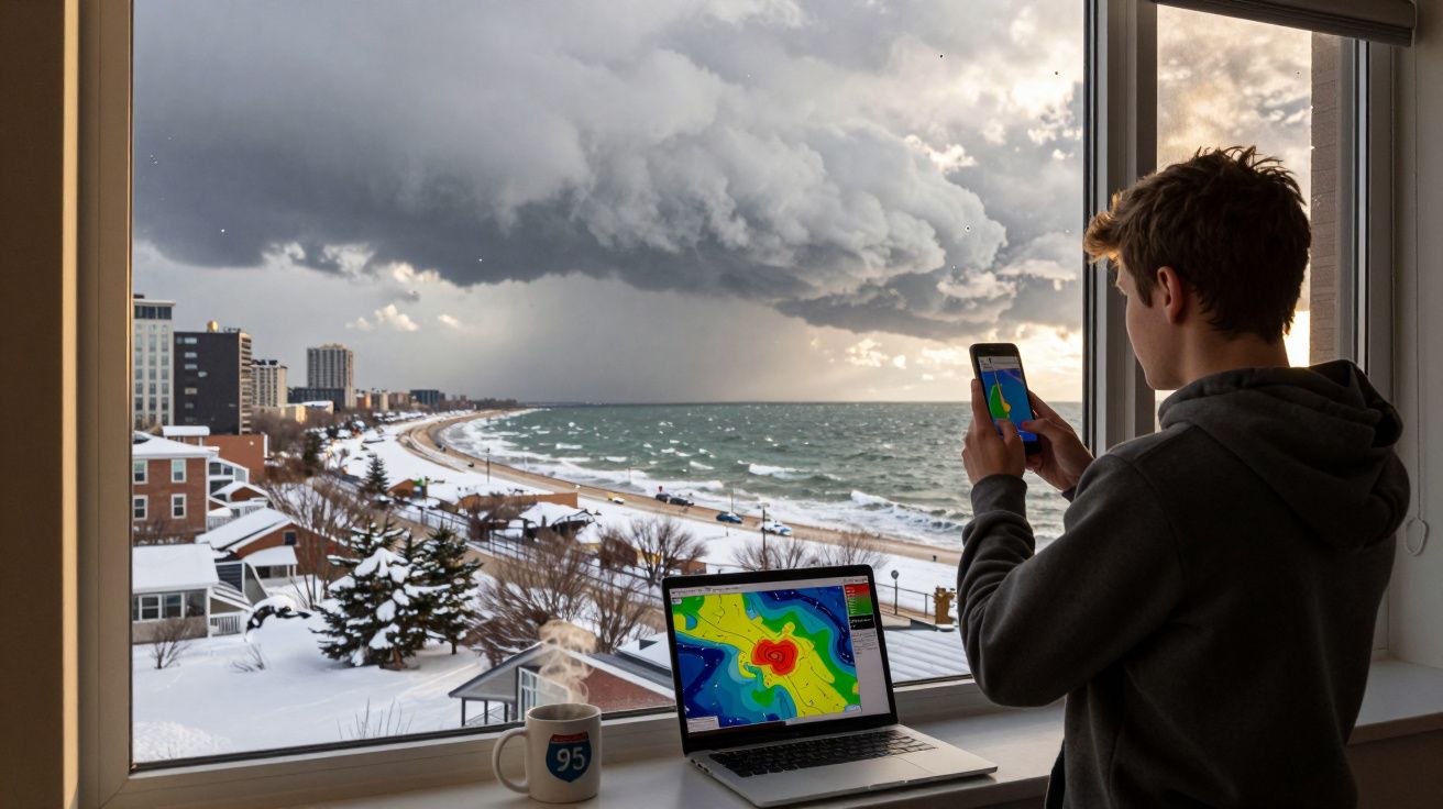 Jovem observa tempestade iminente na praia, com mapa meteorológico em computador e telemóvel ao lado.