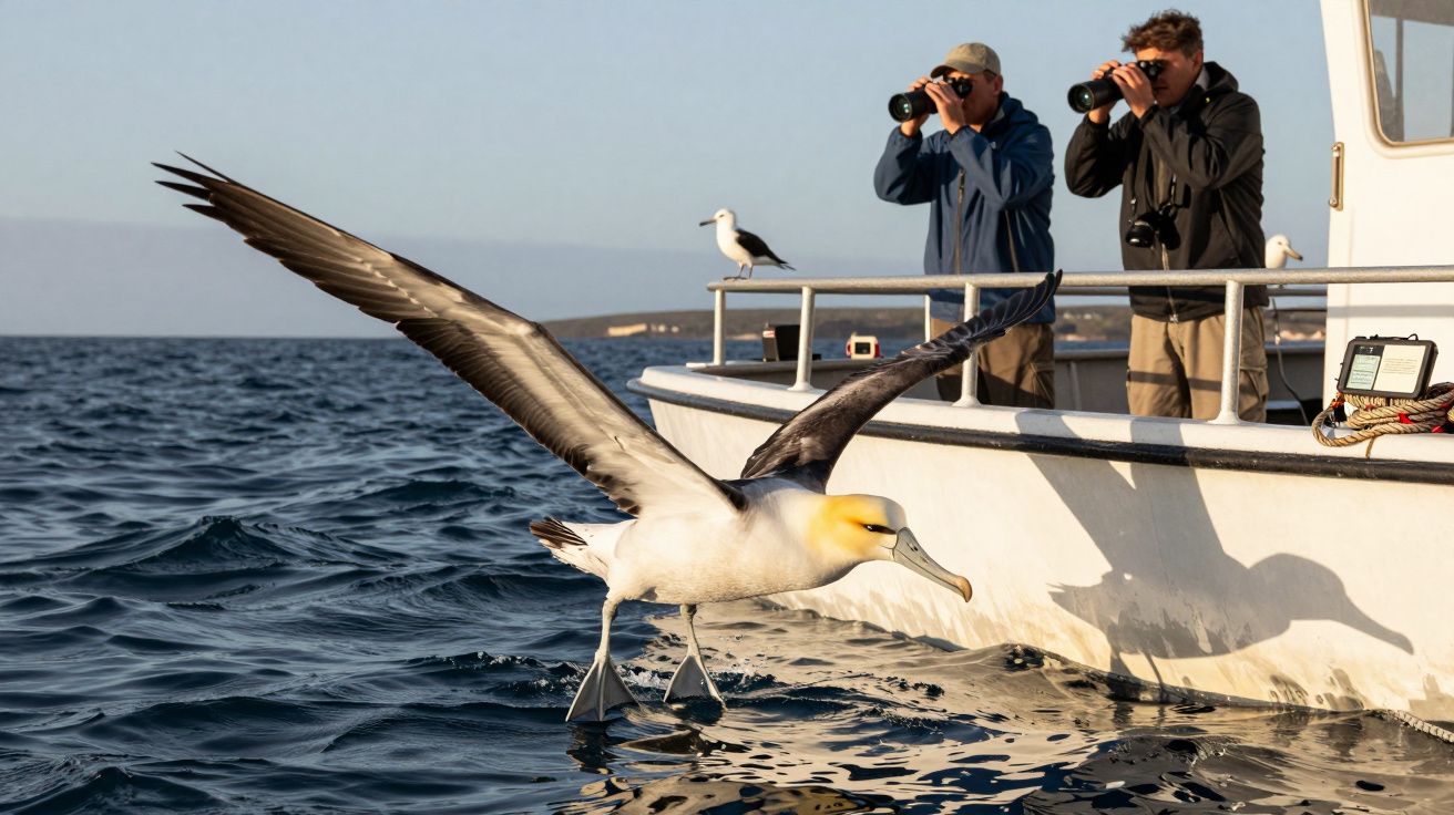 Bote no mar com duas pessoas a observar ao binóculo um albatroz a voar perto da superfície da água.