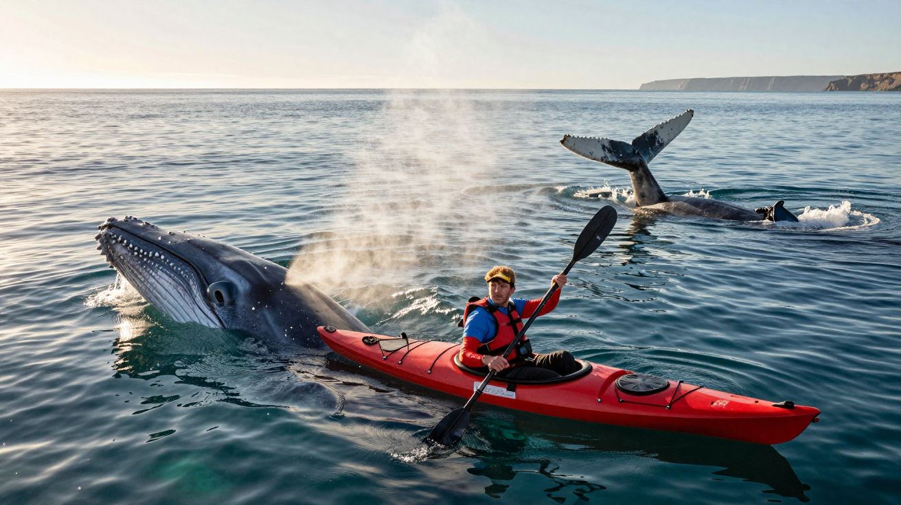 Homem em caiaque vermelho próximo a duas baleias que emergem na superfície do mar numa manhã calma.