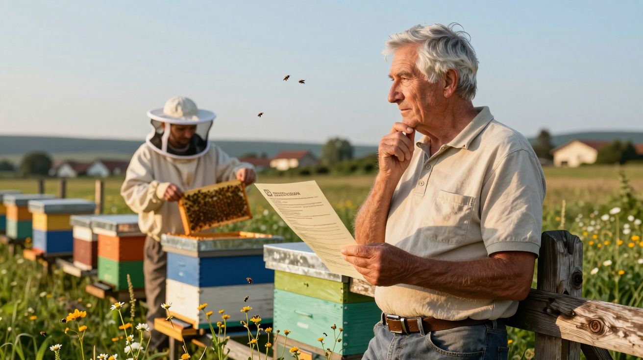 Idoso a ler documento perto de colmeias, enquanto apicultor manuseia favo de mel num campo florido.