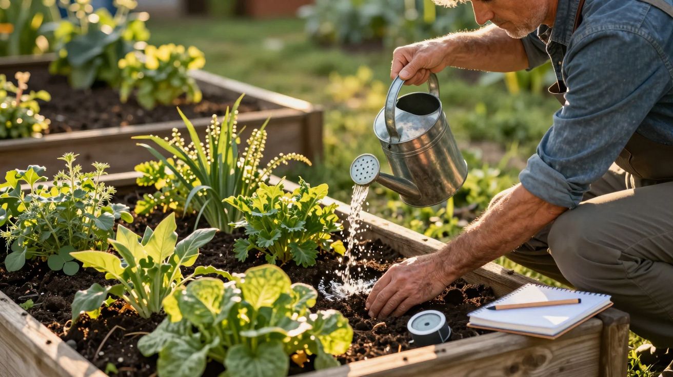 Homem a regar plantas em canteiro elevado de jardim com regador metálico ao sol.